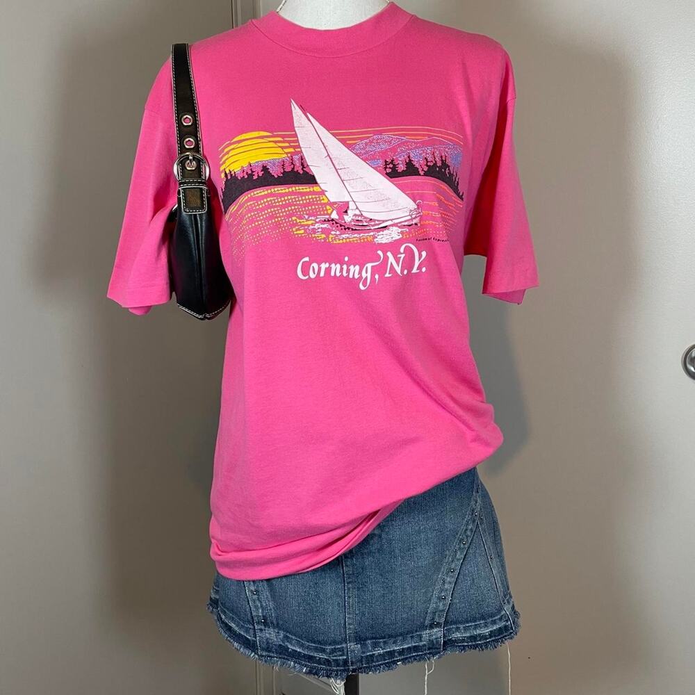 Vintage 80s Single Stitch Corning NY Sailboat Large Graphic T-shirt
